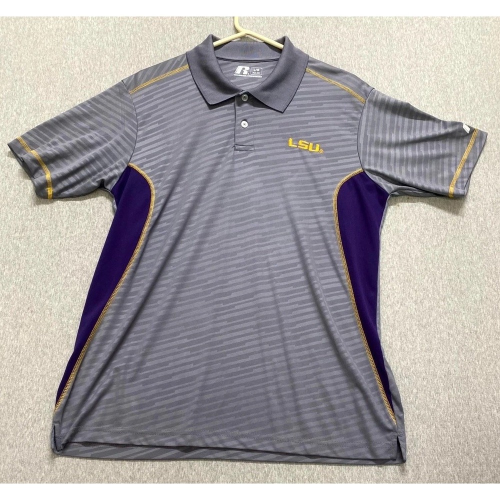 Russell Athletic Polo Shirt Mens Large Gray Purple LSU Tigers NCAA Football Logo